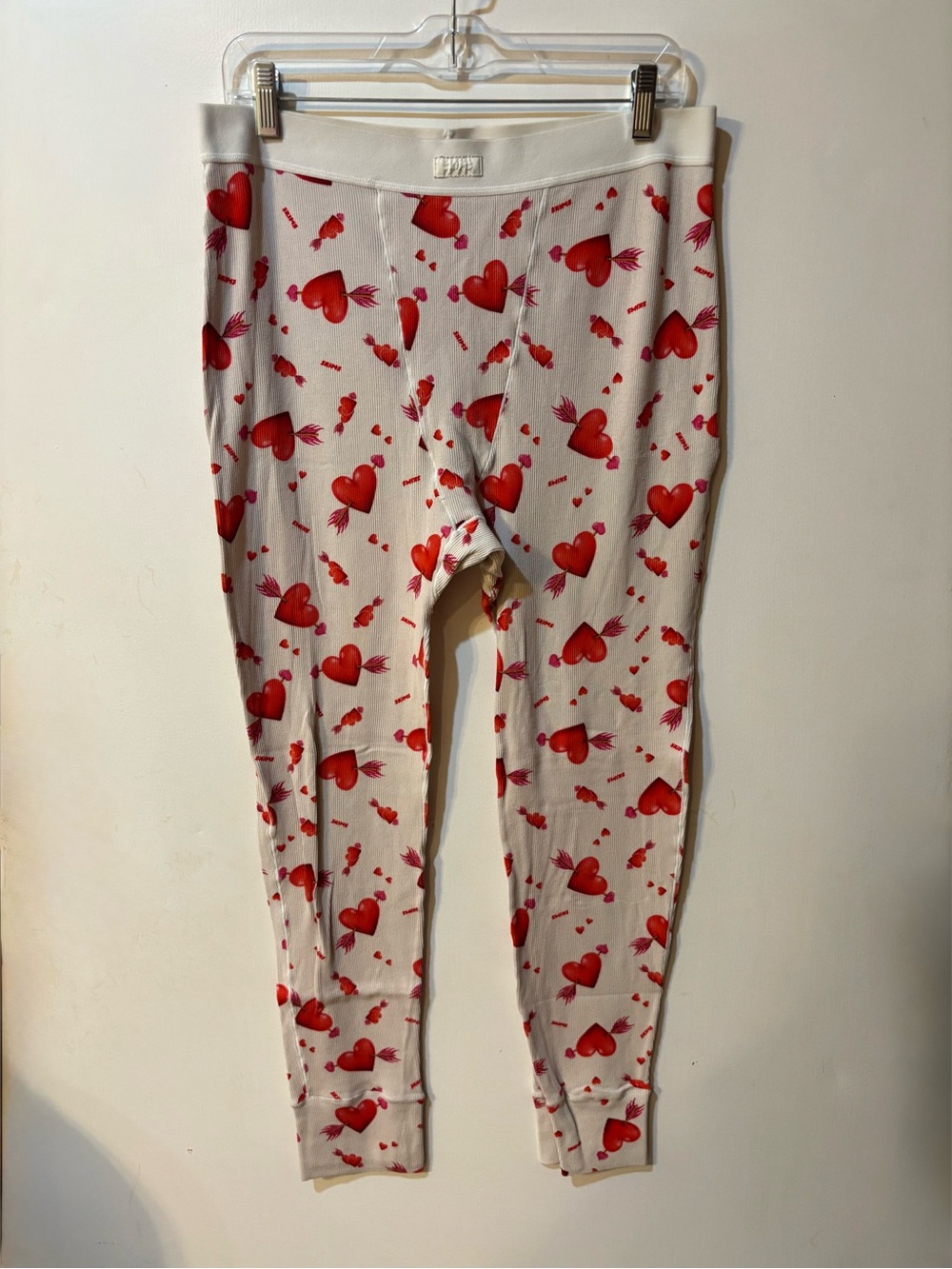 SKIMS Heart Print Cream Leggings with Red Hearts